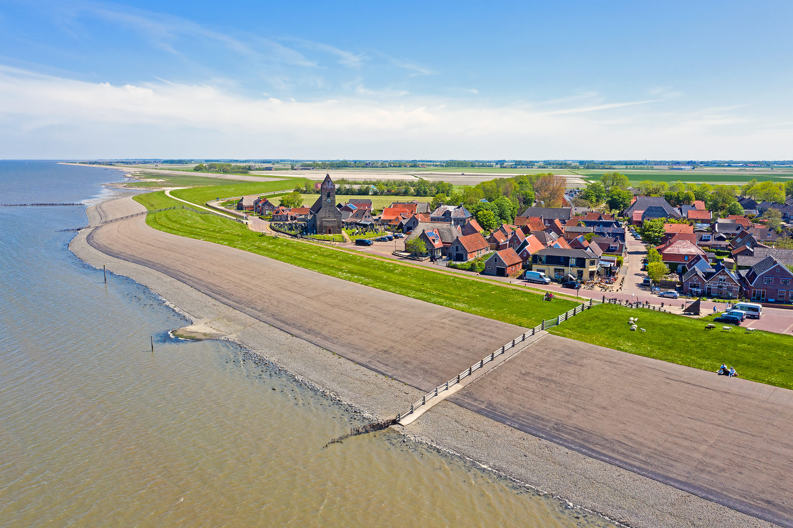 Aerial from the little village Wierum at the Wadden Sea in Friesland the Netherlands